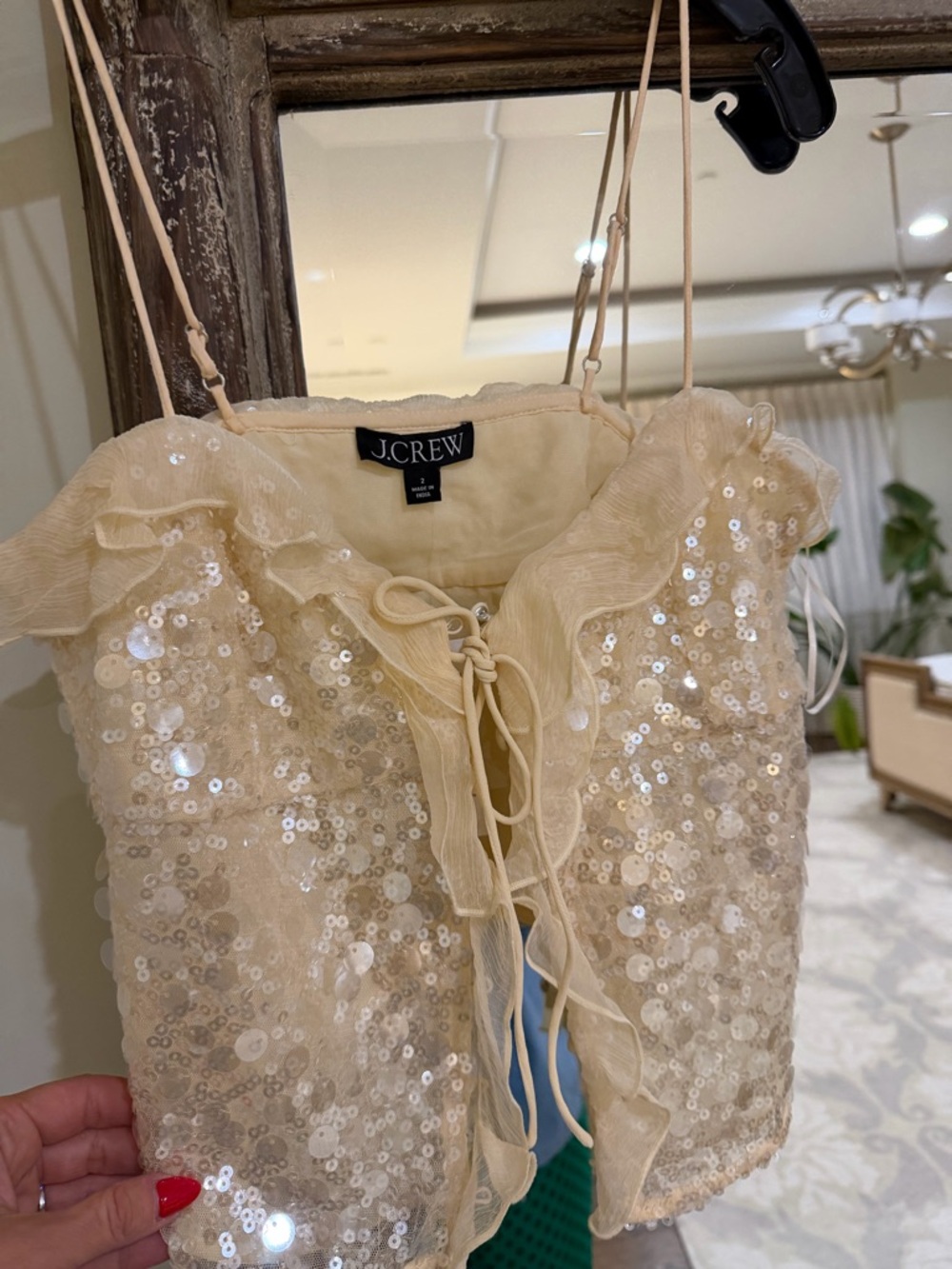 J. Crew Cream Sequin Ruffle Spaghetti Strap Top